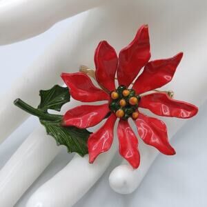 Vintage Red Enamel Poinsettia Brooch Green Leaf Christmas Flower Pin